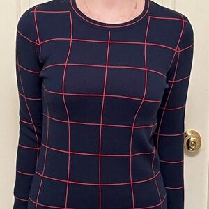 Lacoste Navy Sweater with Red Grid Pattern